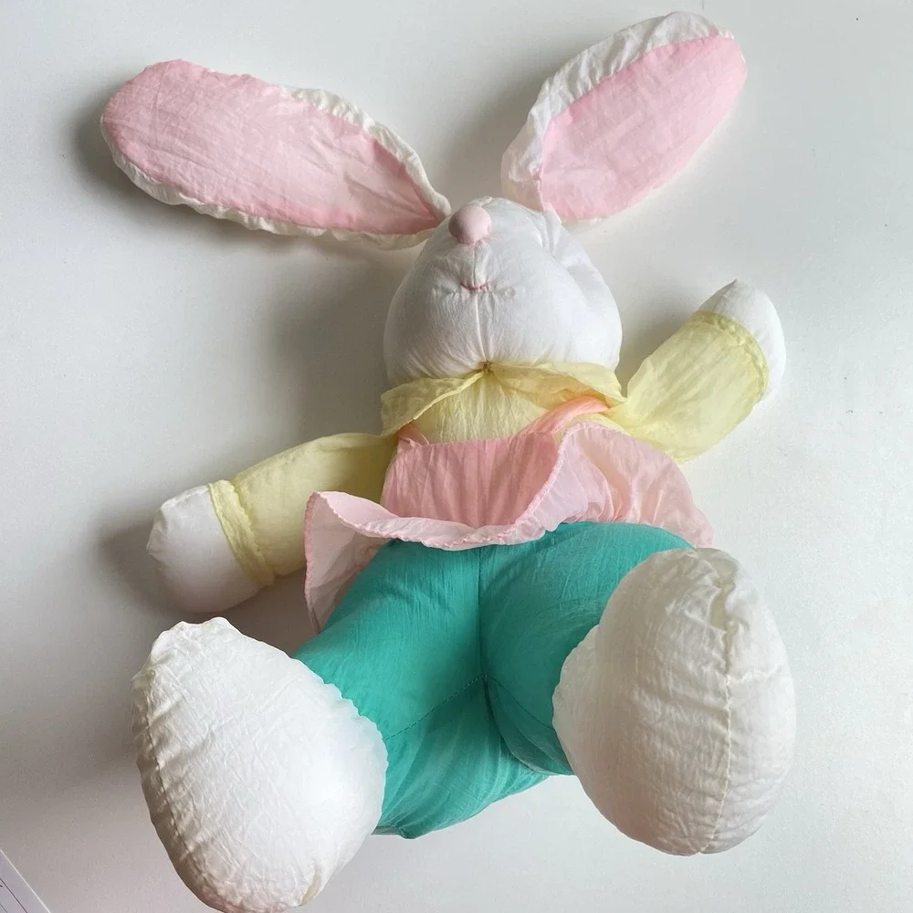 VTG Gibson Greetings Plush Girl‎ Easter Bunny White Nylon Puffy Pink Green 13